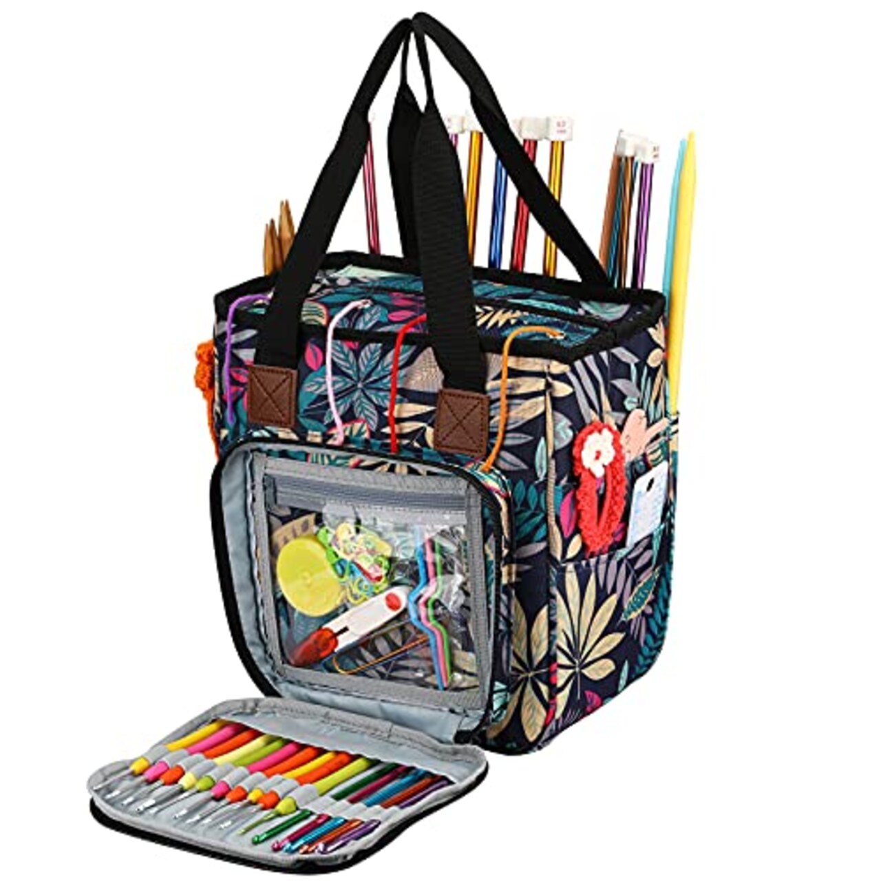 Looen Yarn Knitting Storage Tote-Large Capacity Crochet Organizer Portable Travel Bag with Shoulder Strap Crochet Hooks Case for Unfinished Bulk Project